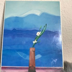 Vintage wood Mount Fuji & Flowers print